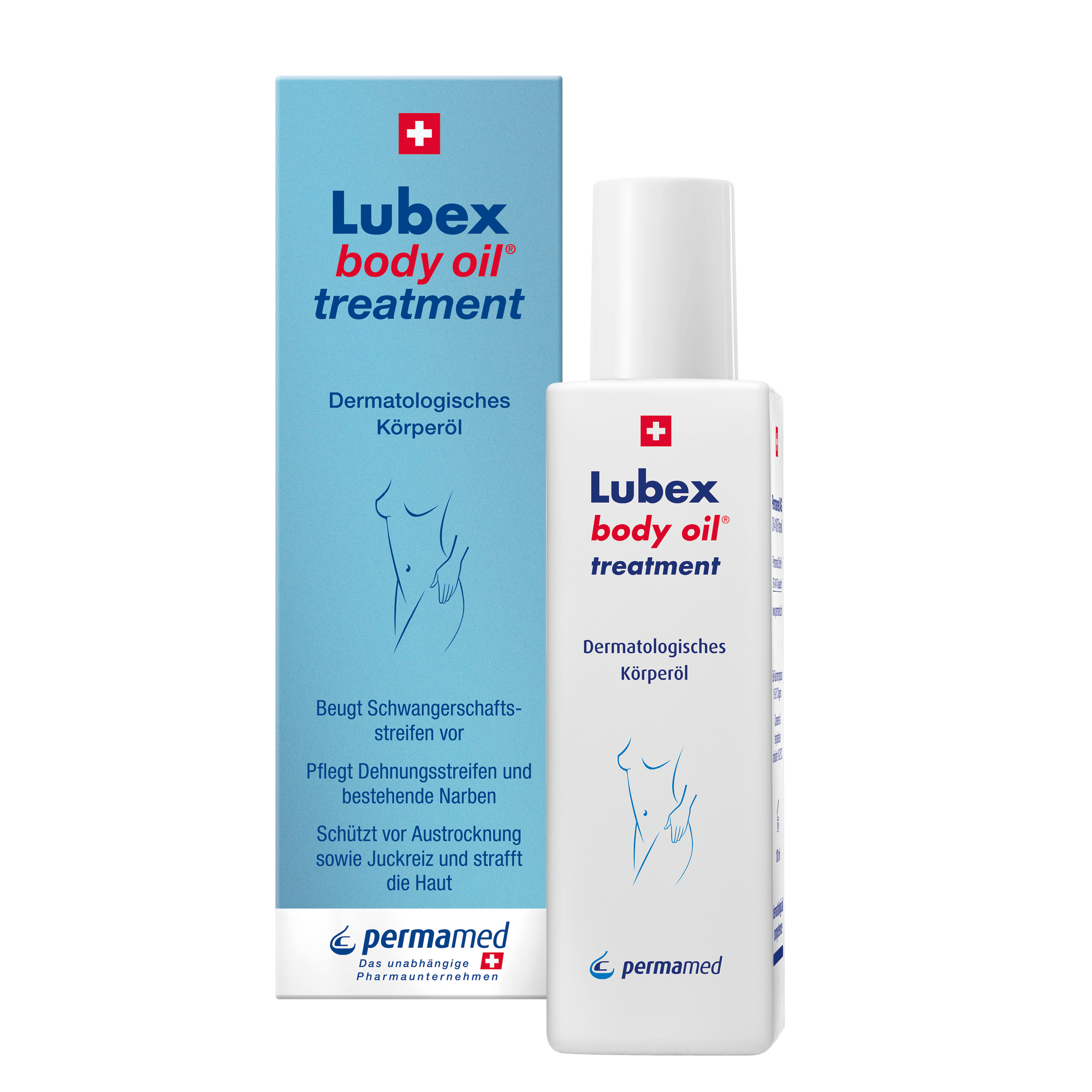 Application of Lubex Body Oil Treatment – massage onto abdomen, thighs & hips for improved elasticity