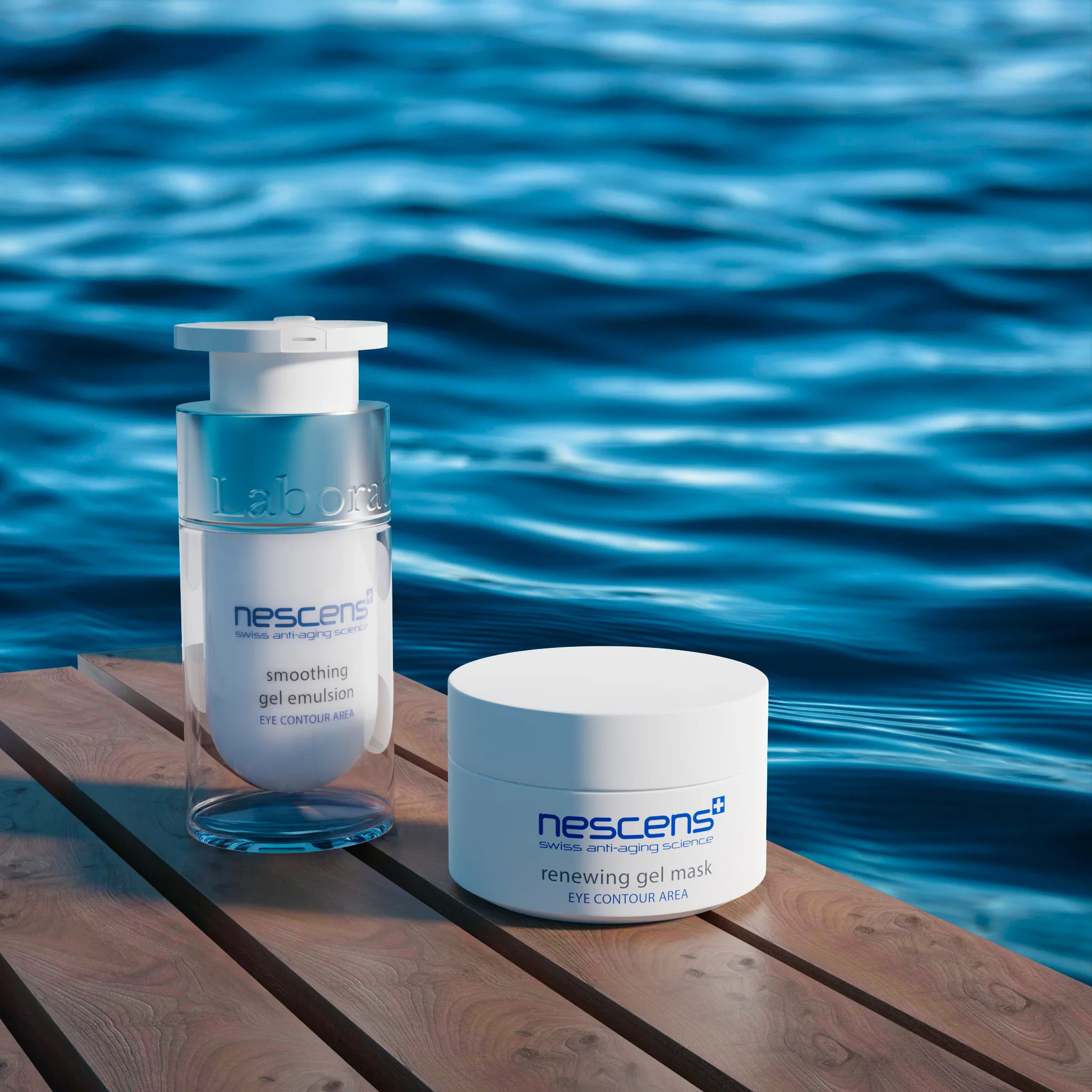 Elegant Swiss eye-care product composition with soft lighting