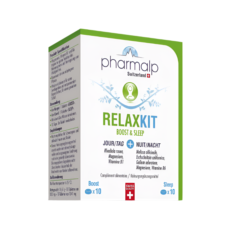 Packaging of Pharmalp RELAXKIT 20 tablets – day energy & night recovery pair