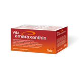 Bottle of Vita Amaraxanthin showing vegan icon and Swiss manufacturing label