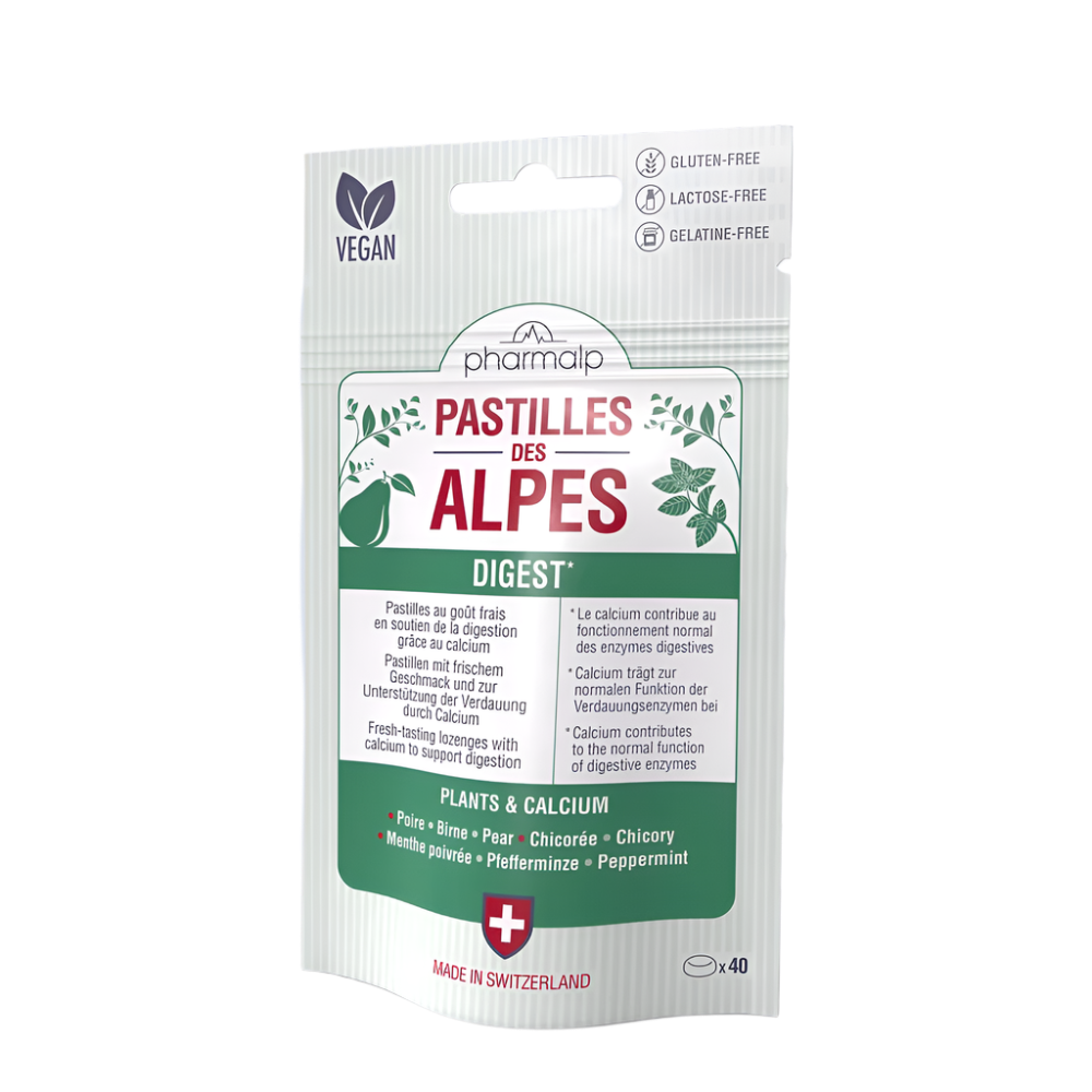 Close-up of the lozenges – pear and mint flavour digestive support