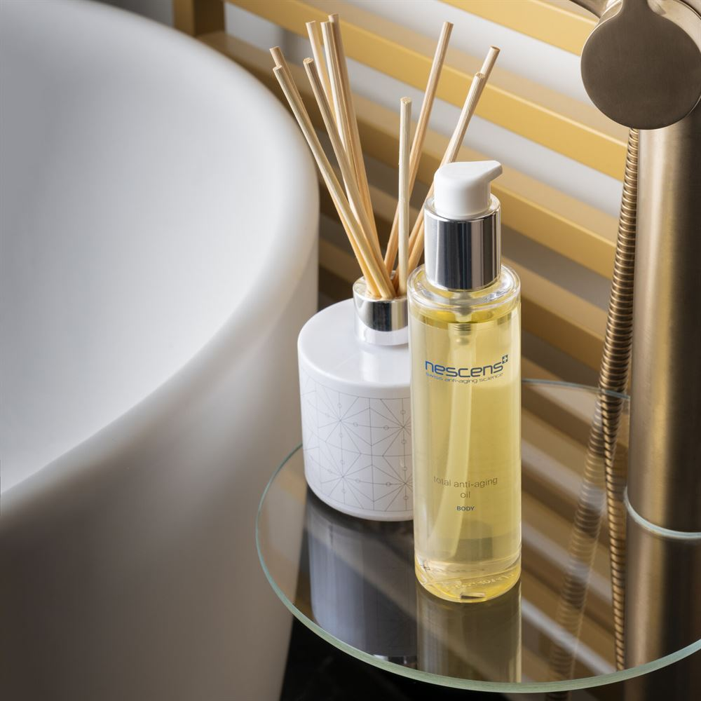 Elegant display of oil with botanical background