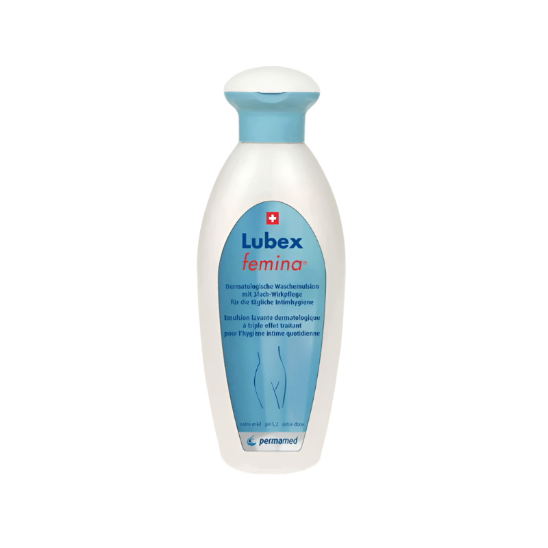 Packaging of Lubex Femina Washing Emulsion 200 ml – premium Swiss intimate hygiene product