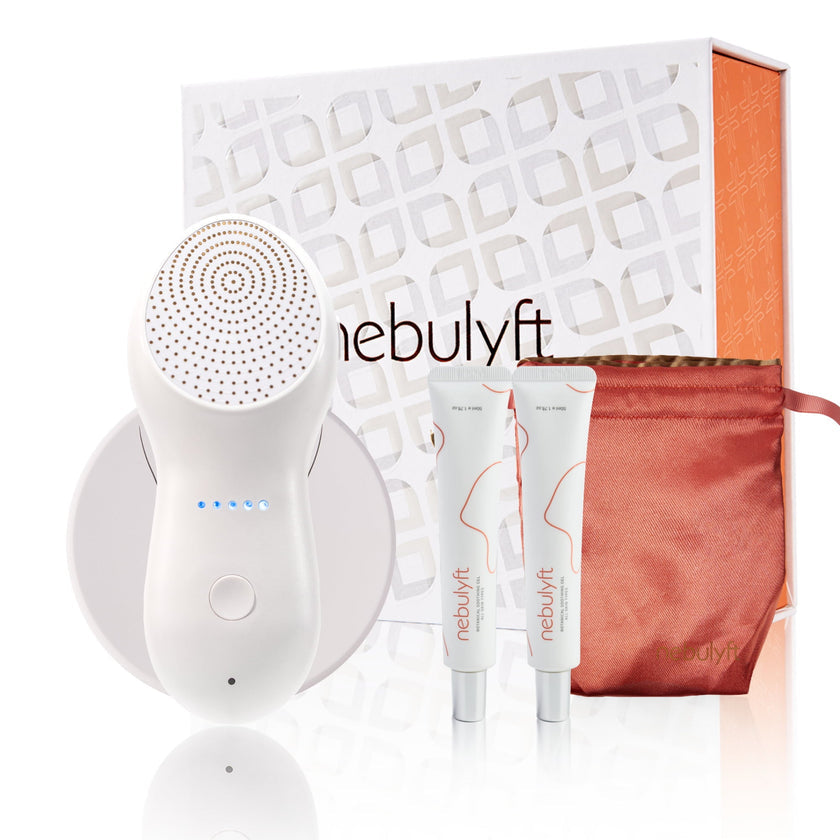 Woman using Nebulyft R1 on neck for contouring at home